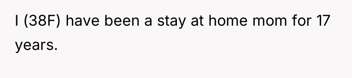 I (38F) have been a stay at home mom for...