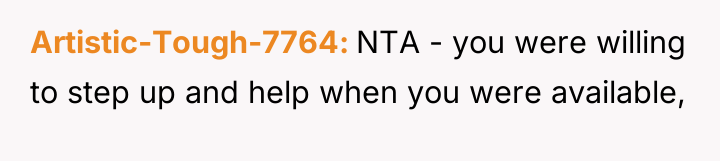Artistic-Tough-7764 NTA - you were willing to step up and...
