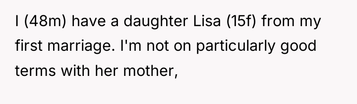 I (48m) have a daughter Lisa (15f) from my first...