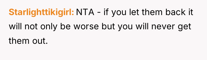 Starlighttikigirl NTA - if you let them back it will...