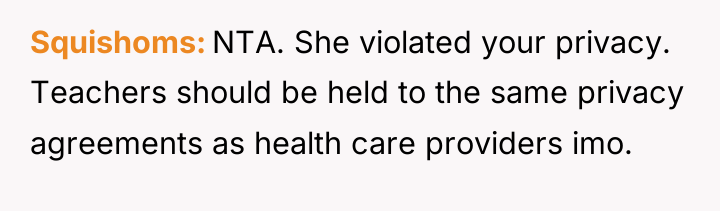 Squishoms NTA. She violated your privacy. Teachers should be held...