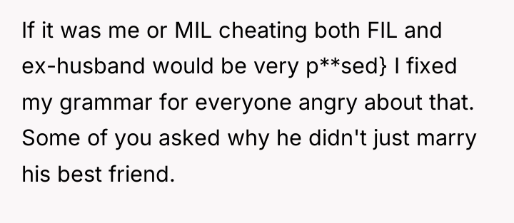 If it was me or MIL cheating both FIL and...