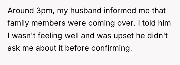Around 3pm, my husband informed me that family members were...