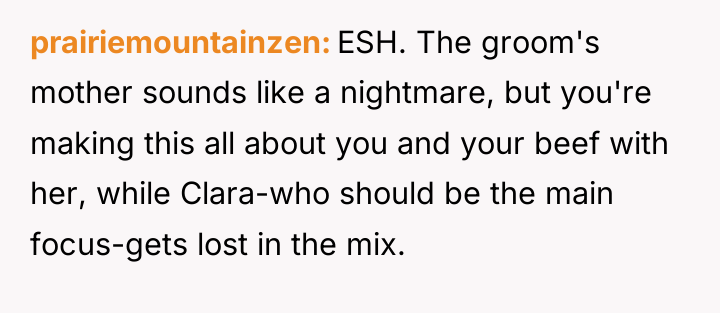prairiemountainzen ESH. The groom's mother sounds like a nightmare, but...