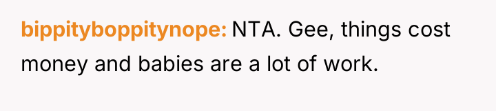bippityboppitynope NTA. Gee, things cost money and babies are a...