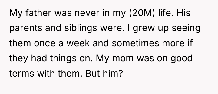 My father was never in my (20M) life. His parents...