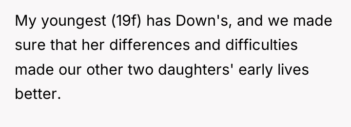 My youngest (19f) has Down's, and we made sure that...