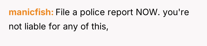 manicfish File a police report NOW. you're not liable for...