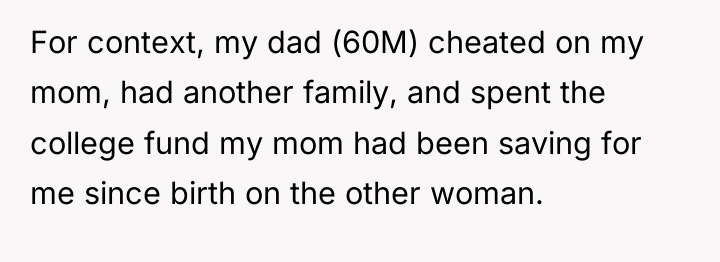 For context, my dad (60M) cheated on my mom, had...