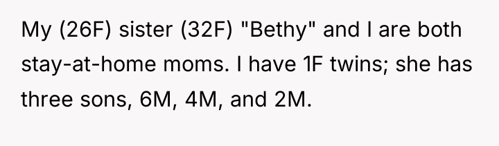 My (26F) sister (32F) "Bethy" and I are both stay-at-home...