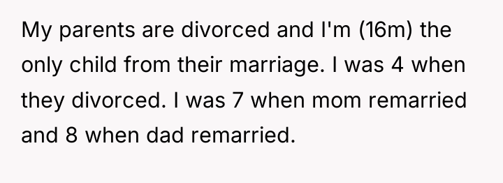 My parents are divorced and I'm (16m) the only child...