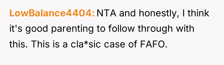 LowBalance4404 NTA and honestly, I think it's good parenting to...