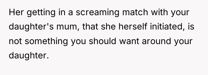 Her getting in a screaming match with your daughter's mum,...