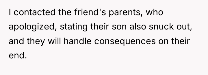 I contacted the friend's parents, who apologized, stating their son...