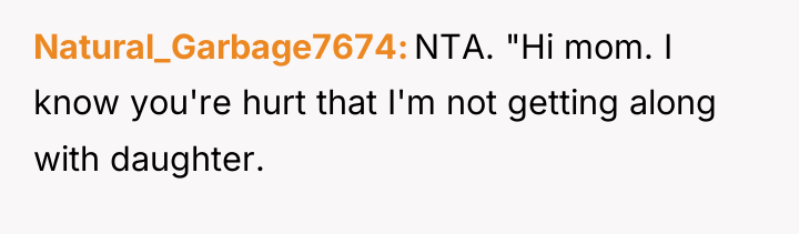 Natural_Garbage7674 NTA. "Hi mom. I know you're hurt that I'm...
