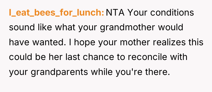I_eat_bees_for_lunch NTA Your conditions sound like what your grandmother would...