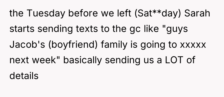 the Tuesday before we left (Sat**day) Sarah starts sending texts...