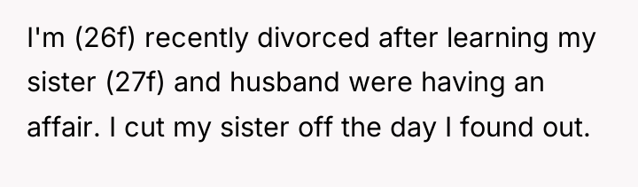 I'm (26f) recently divorced after learning my sister (27f) and...