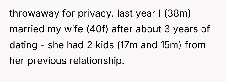 throwaway for privacy. last year I (38m) married my wife...