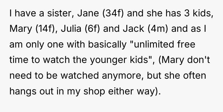 I have a sister, Jane (34f) and she has 3...