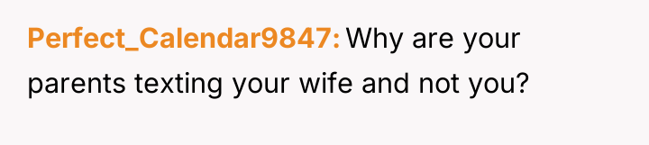 Perfect_Calendar9847 Why are your parents texting your wife and not...