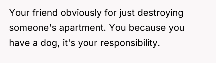 Your friend obviously for just destroying someone's apartment. You because...