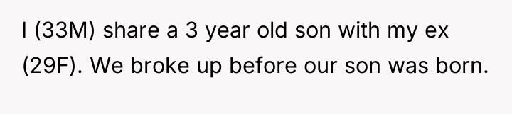 I (33M) share a 3 year old son with my...