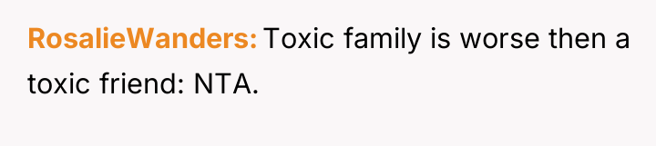 RosalieWanders Toxic family is worse then a toxic friend: NTA.