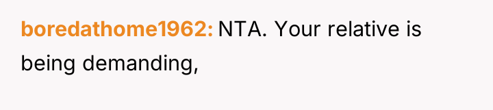 boredathome1962 NTA. Your relative is being demanding,
