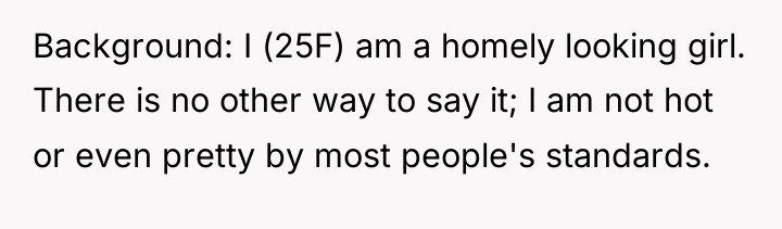 Background: I (25F) am a homely looking girl. There is...