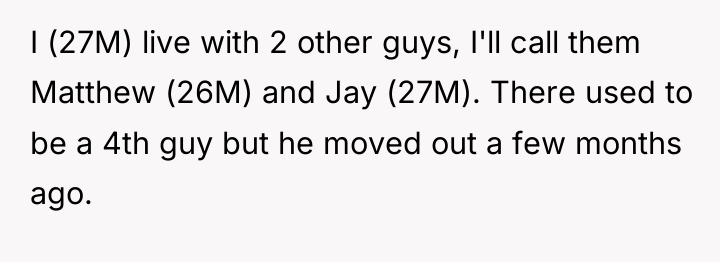 I (27M) live with 2 other guys, I'll call them...