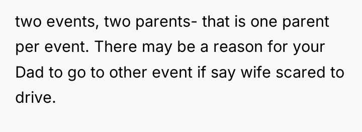 two events, two parents- that is one parent per event....