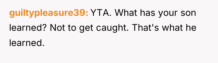 guiltypleasure39 YTA. What has your son learned? Not to get...