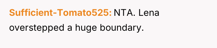 Sufficient-Tomato525 NTA. Lena overstepped a huge boundary.