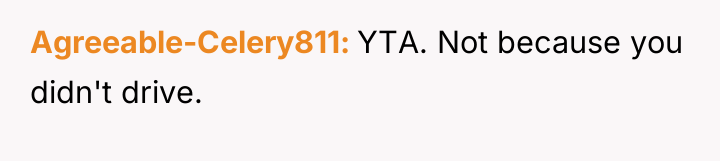 Agreeable-Celery811 YTA. Not because you didn't drive.