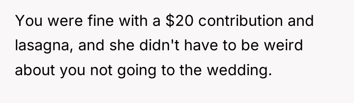 You were fine with a $20 contribution and lasagna, and...