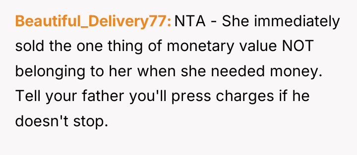 Beautiful_Delivery77 NTA - She immediately sold the one thing of...