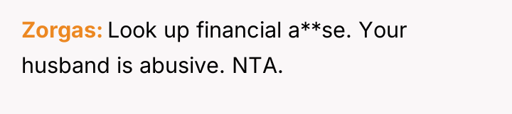Zorgas Look up financial a**se. Your husband is abusive. NTA.