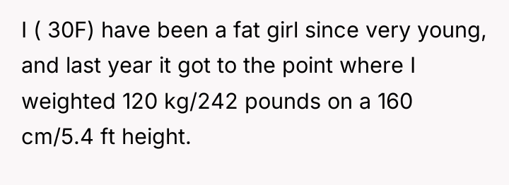 I ( 30F) have been a fat girl since very...