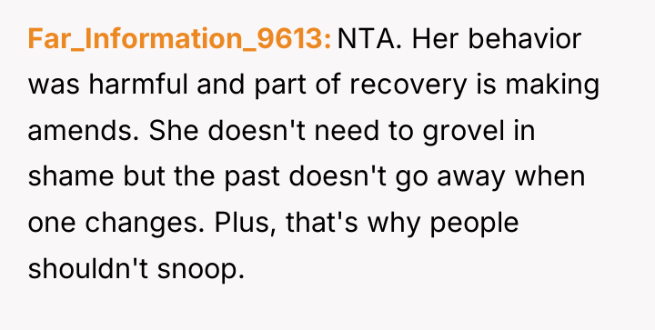 Far_Information_9613 NTA. Her behavior was harmful and part of recovery...