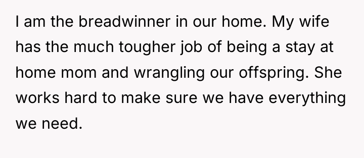 I am the breadwinner in our home. My wife has...