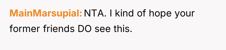 MainMarsupial NTA. I kind of hope your former friends DO...