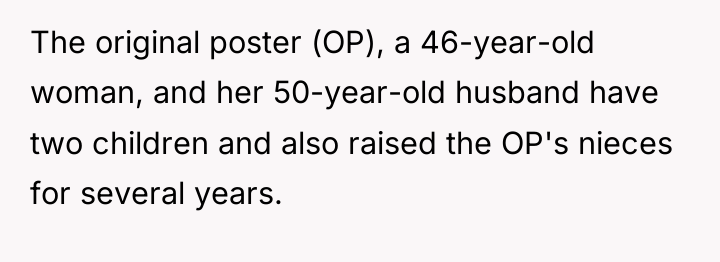 The original poster (OP), a 46-year-old woman, and her 50-year-old...