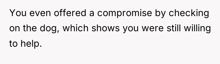You even offered a compromise by checking on the dog,...