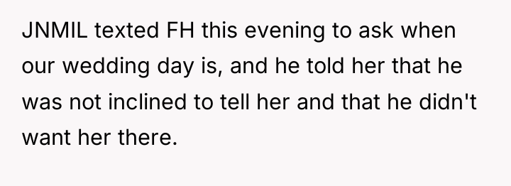 JNMIL texted FH this evening to ask when our wedding...