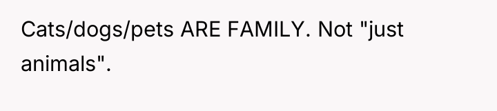 Cats/dogs/pets ARE FAMILY. Not "just animals".
