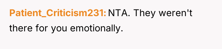 Patient_Criticism231 NTA. They weren't there for you emotionally.