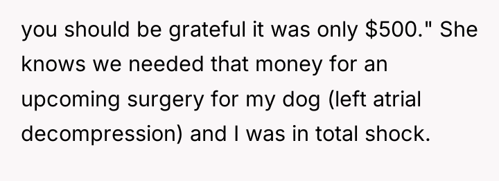 you should be grateful it was only $500." She knows...