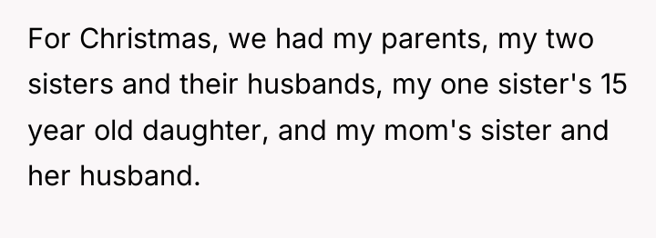 For Christmas, we had my parents, my two sisters and...