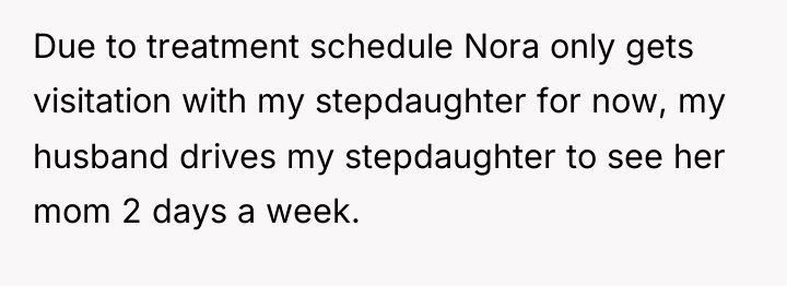 Due to treatment schedule Nora only gets visitation with my...